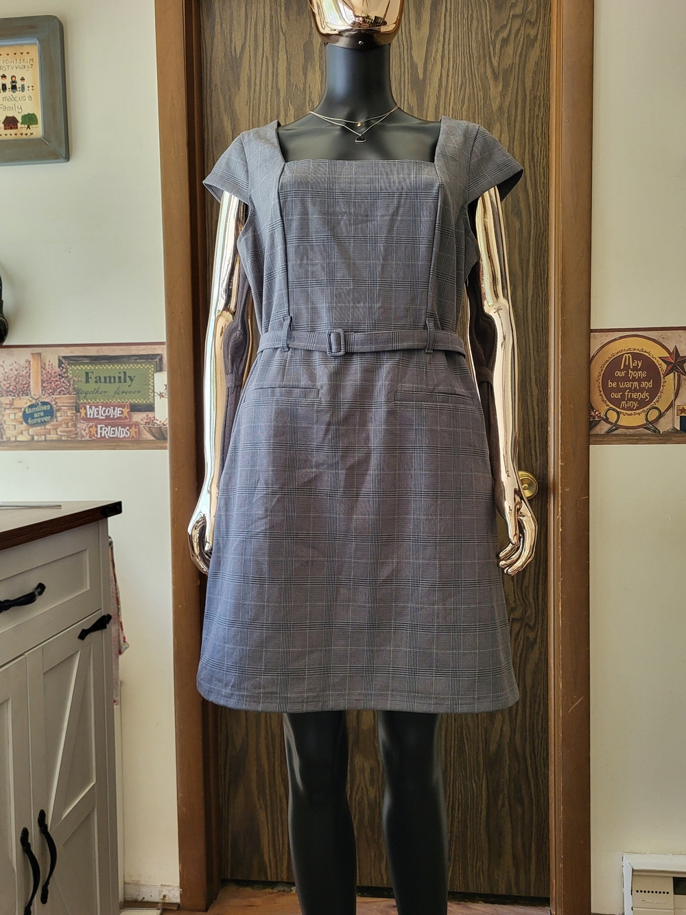 Gray Plaid Square-Neck A-Line Dress with Belt| Size L